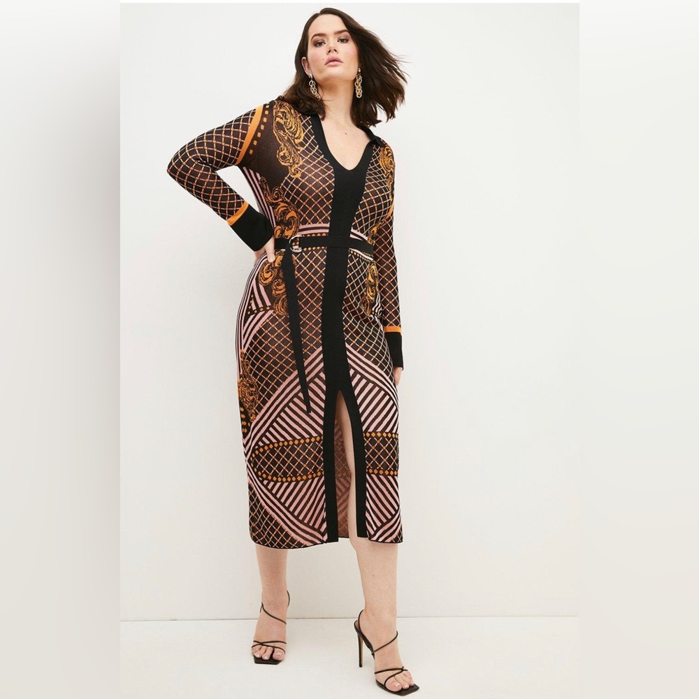NWT Karen Millen Luxury Knit V-Neck Baroque Plus Size Dress with Belt XXXL